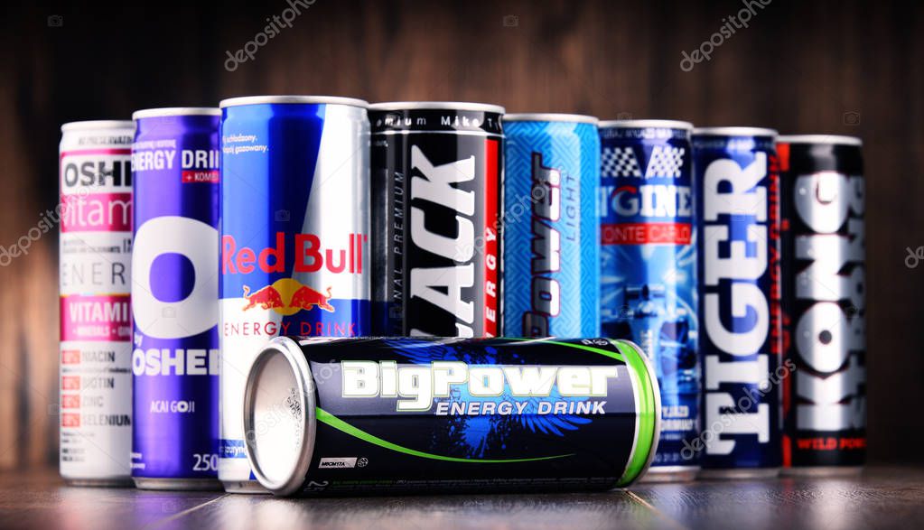 POZNAN, POL - JUL 27, 2017: global market of energy drinks containing stimulant drugs and marketed as providing mental and physical stimulation was worth US$27.5 billion in 2013
