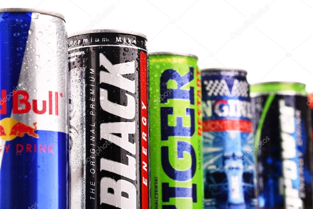 POZNAN, POL - JUL 27, 2017: global market of energy drinks containing stimulant drugs and marketed as providing mental and physical stimulation was worth US$27.5 billion in 2013
