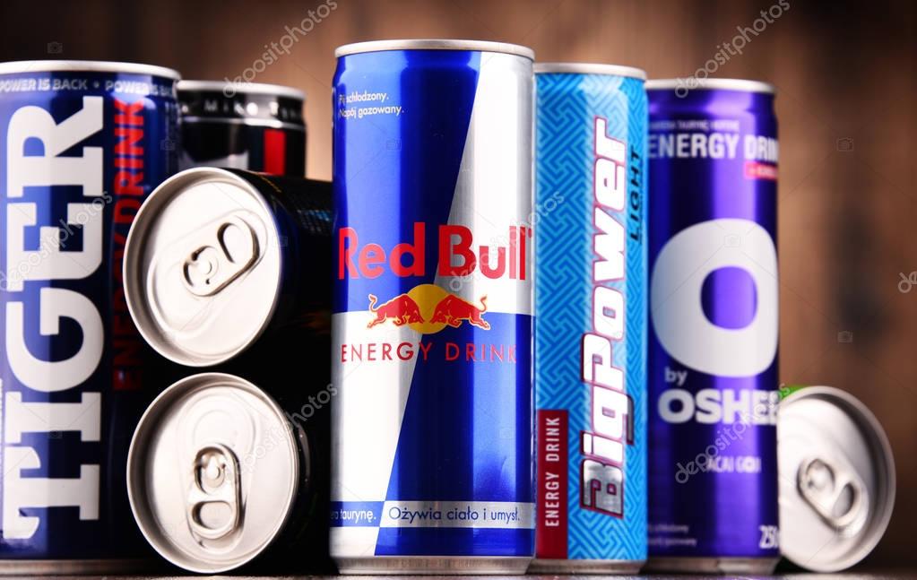 POZNAN, POL - JUL 27, 2017: global market of energy drinks containing stimulant drugs and marketed as providing mental and physical stimulation was worth US$27.5 billion in 2013