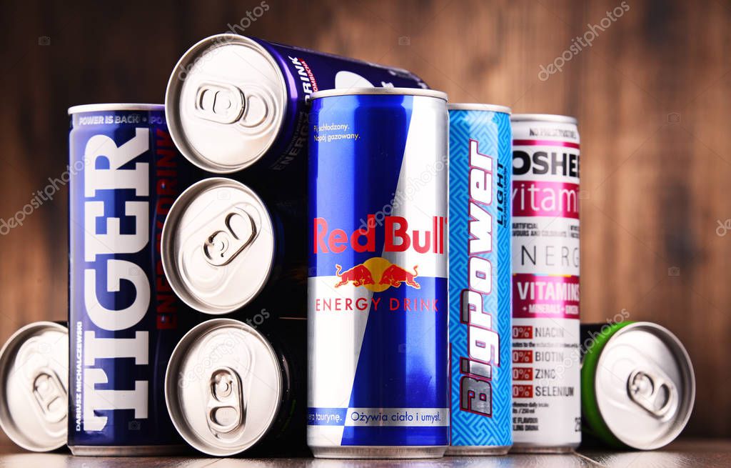 POZNAN, POL - JUL 27, 2017: global market of energy drinks containing stimulant drugs and marketed as providing mental and physical stimulation was worth US$27.5 billion in 2013
