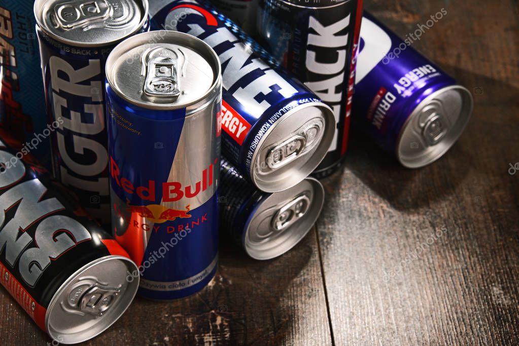 POZNAN, POL - JUL 27, 2017: global market of energy drinks containing stimulant drugs and marketed as providing mental and physical stimulation was worth US$27.5 billion in 2013