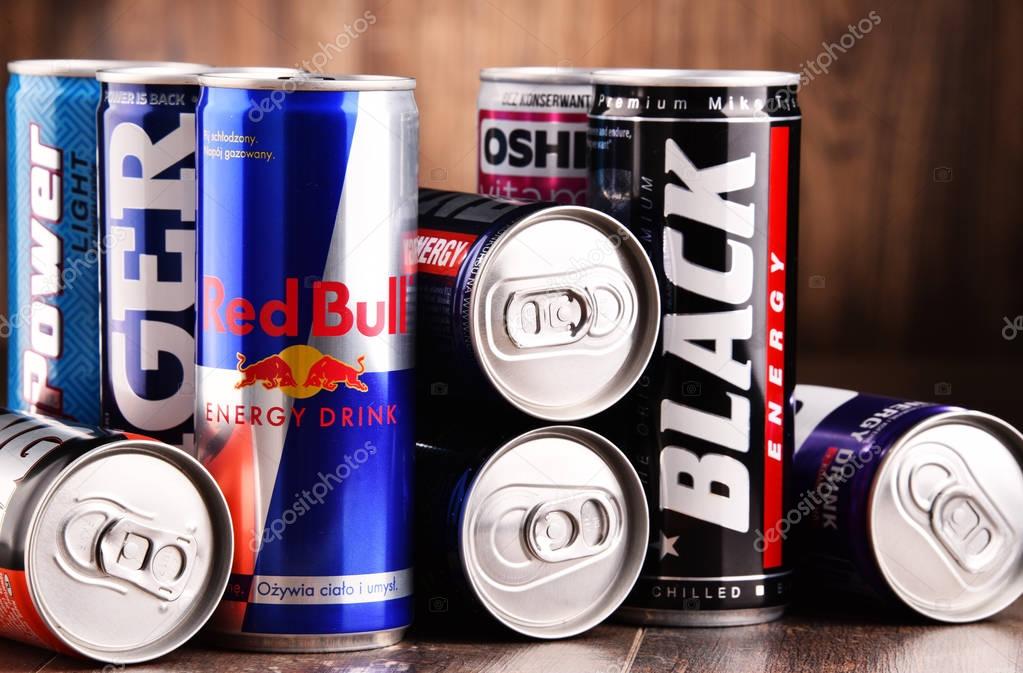 POZNAN, POL - JUL 27, 2017: global market of energy drinks containing stimulant drugs and marketed as providing mental and physical stimulation was worth US$27.5 billion in 2013
