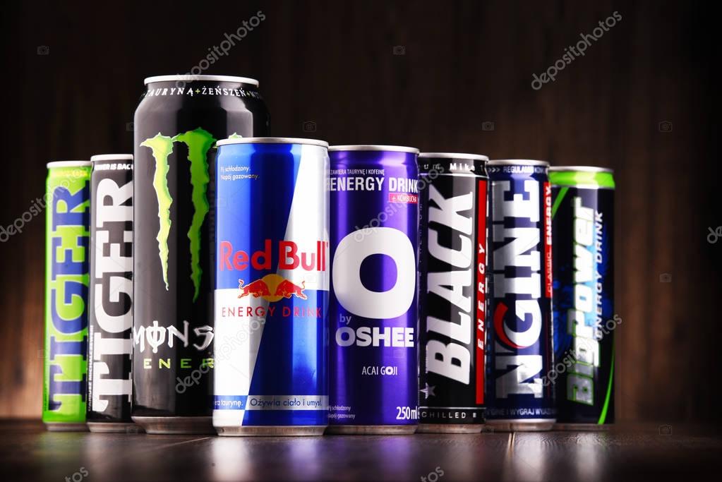 POZNAN, POL - JUL 27, 2017: global market of energy drinks containing stimulant drugs and marketed as providing mental and physical stimulation was worth US$27.5 billion in 2013