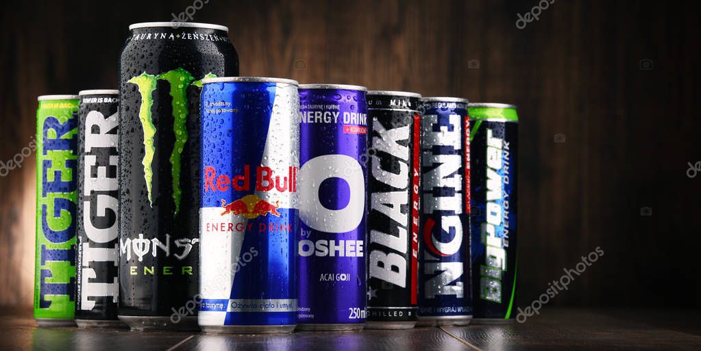 POZNAN, POL - JUL 27, 2017: global market of energy drinks containing stimulant drugs and marketed as providing mental and physical stimulation was worth US$27.5 billion in 2013