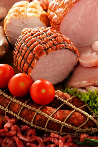 Meat products including ham and sausages — Stock Photo, Image