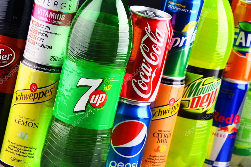 POZNAN, POLAND - AUG 18, 2017: Global soft drink market is dominated by brands of few multinational companies founded in North America. Among them are Pepsico, Coca Cola and Dr. Pepper Snapple Group