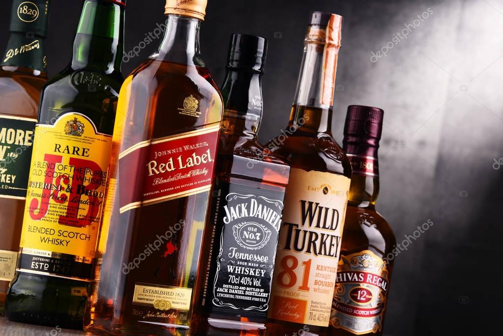 POZNAN, POLAND - AUG 18, 2017: Whiskey is the most popular liquor in the world. Originated probably in Ireland, now it is produced on grand scale also in India, Scotland, USA, Canada and Japan