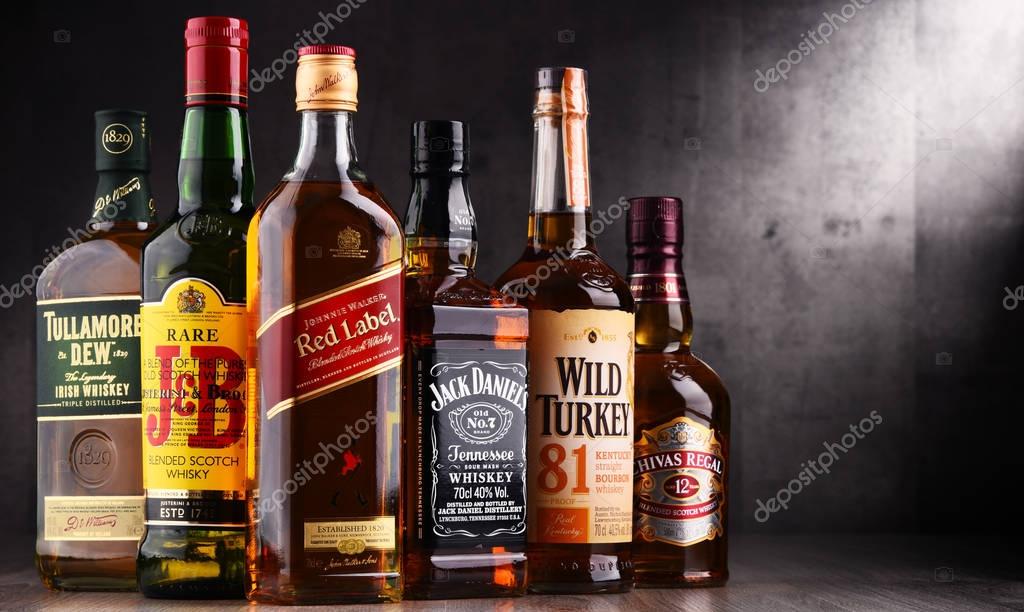 POZNAN, POLAND - AUG 18, 2017: Whiskey is the most popular liquor in the world. Originated probably in Ireland, now it is produced on grand scale also in India, Scotland, USA, Canada and Japan