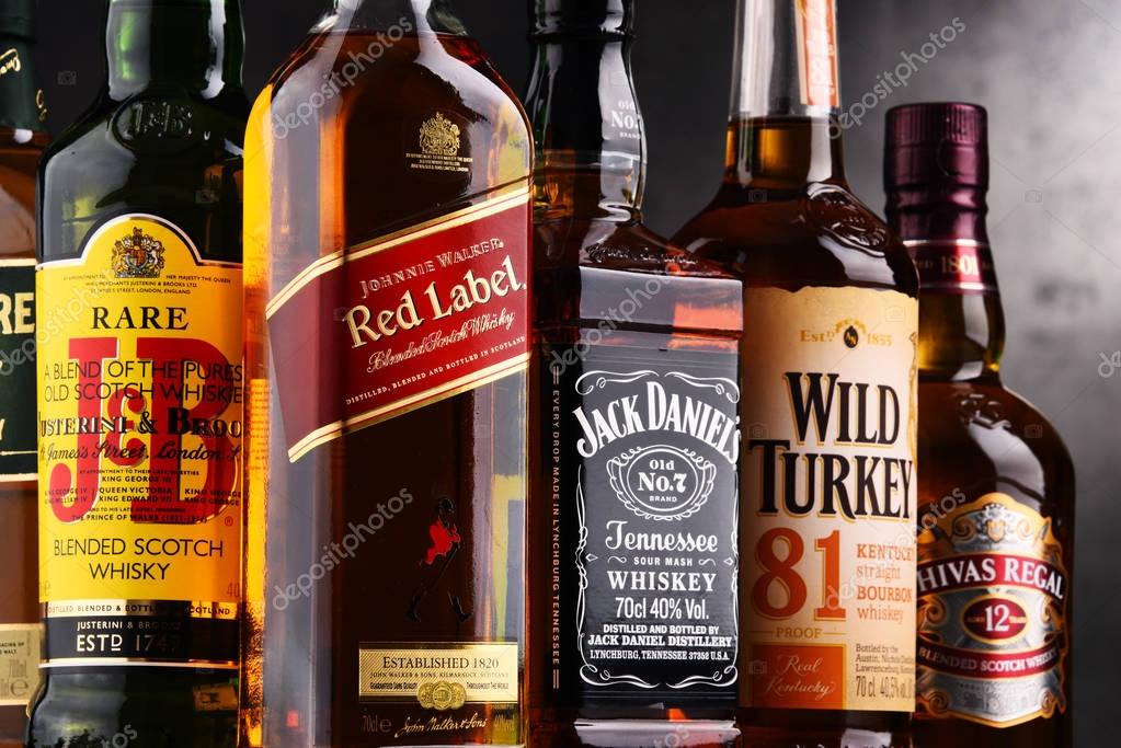 POZNAN, POLAND - AUG 18, 2017: Whiskey is the most popular liquor in the world. Originated probably in Ireland, now it is produced on grand scale also in India, Scotland, USA, Canada and Japan