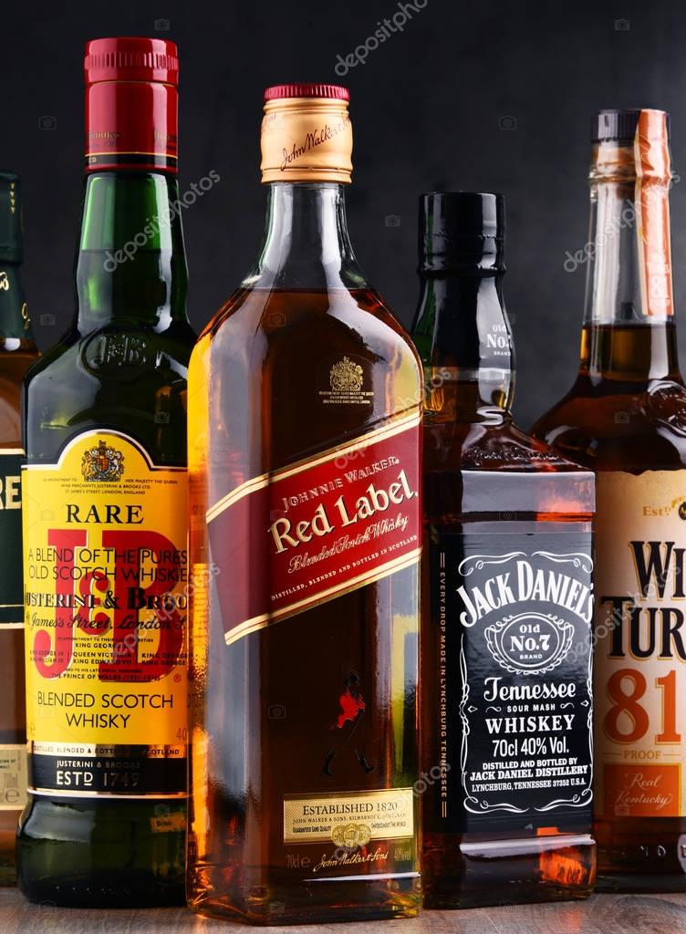 POZNAN, POLAND - AUG 18, 2017: Whiskey is the most popular liquor in the world. Originated probably in Ireland, now it is produced on grand scale also in India, Scotland, USA, Canada and Japan