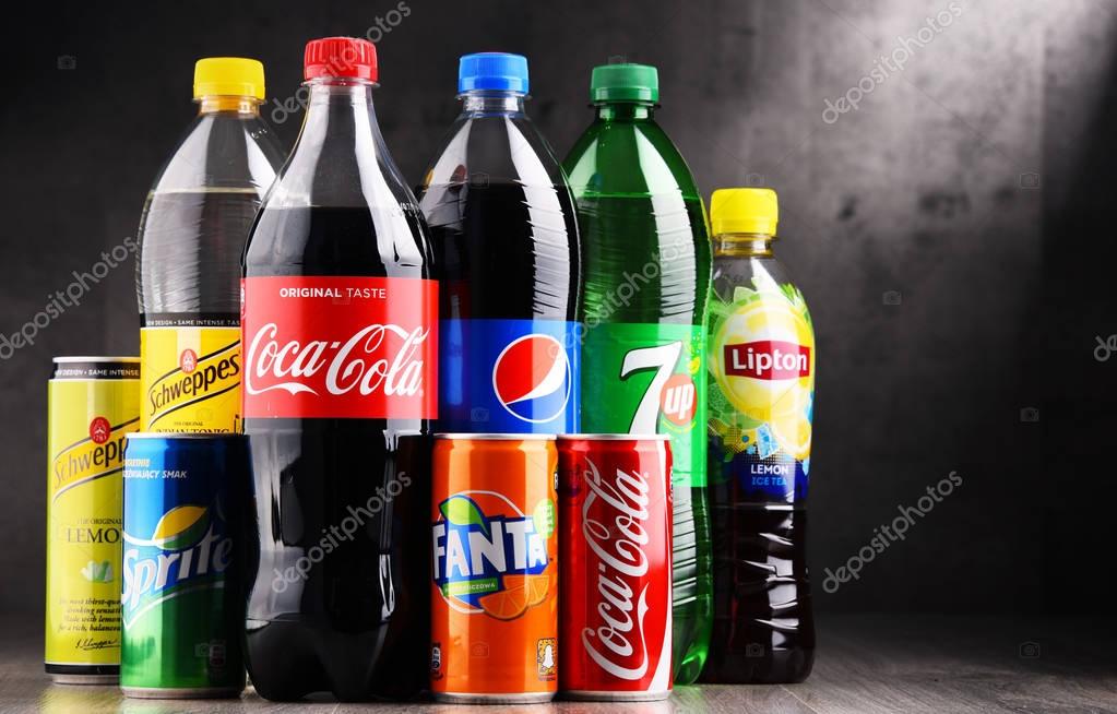 POZNAN, POLAND - AUG 18, 2017: Global soft drink market is dominated by brands of few multinational companies founded in North America. Among them are Pepsico, Coca Cola and Dr. Pepper Snapple Group