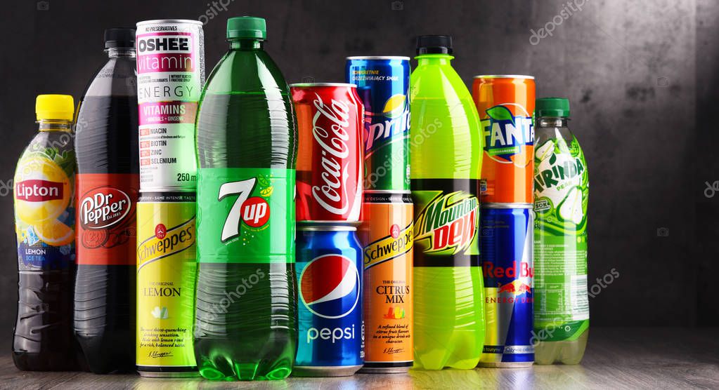 POZNAN, POLAND - AUG 18, 2017: Global soft drink market is dominated by brands of few multinational companies founded in North America. Among them are Pepsico, Coca Cola and Dr. Pepper Snapple Group