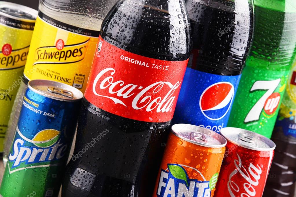 POZNAN, POLAND - AUG 18, 2017: Global soft drink market is dominated by brands of few multinational companies founded in North America. Among them are Pepsico, Coca Cola and Dr. Pepper Snapple Group