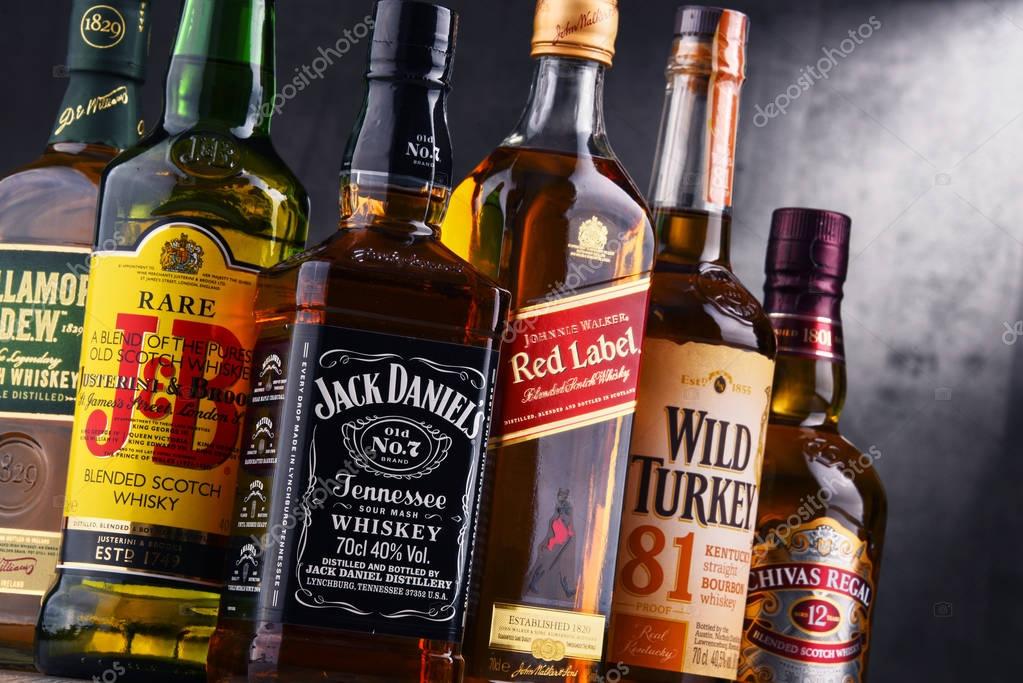 POZNAN, POLAND - AUG 18, 2017: Whiskey is the most popular liquor in the world. Originated probably in Ireland, now it is produced on grand scale also in India, Scotland, USA, Canada and Japan
