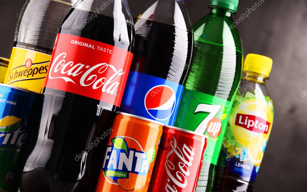 POZNAN, POLAND - AUG 18, 2017: Global soft drink market is dominated by brands of few multinational companies founded in North America. Among them are Pepsico, Coca Cola and Dr. Pepper Snapple Group