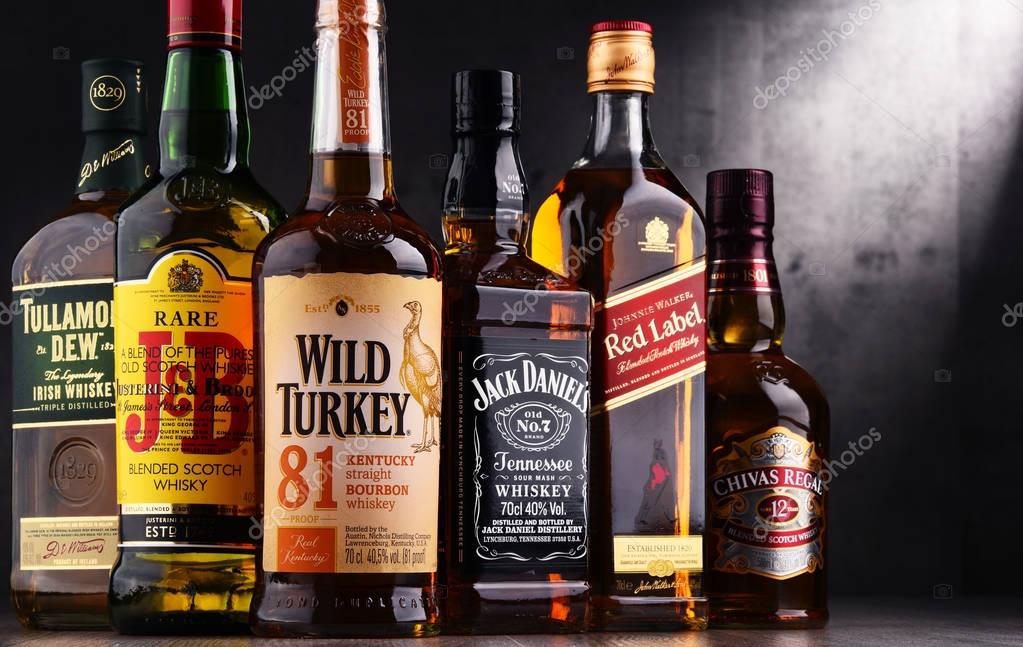 POZNAN, POLAND - AUG 18, 2017: Whiskey is the most popular liquor in the world. Originated probably in Ireland, now it is produced on grand scale also in India, Scotland, USA, Canada and Japan