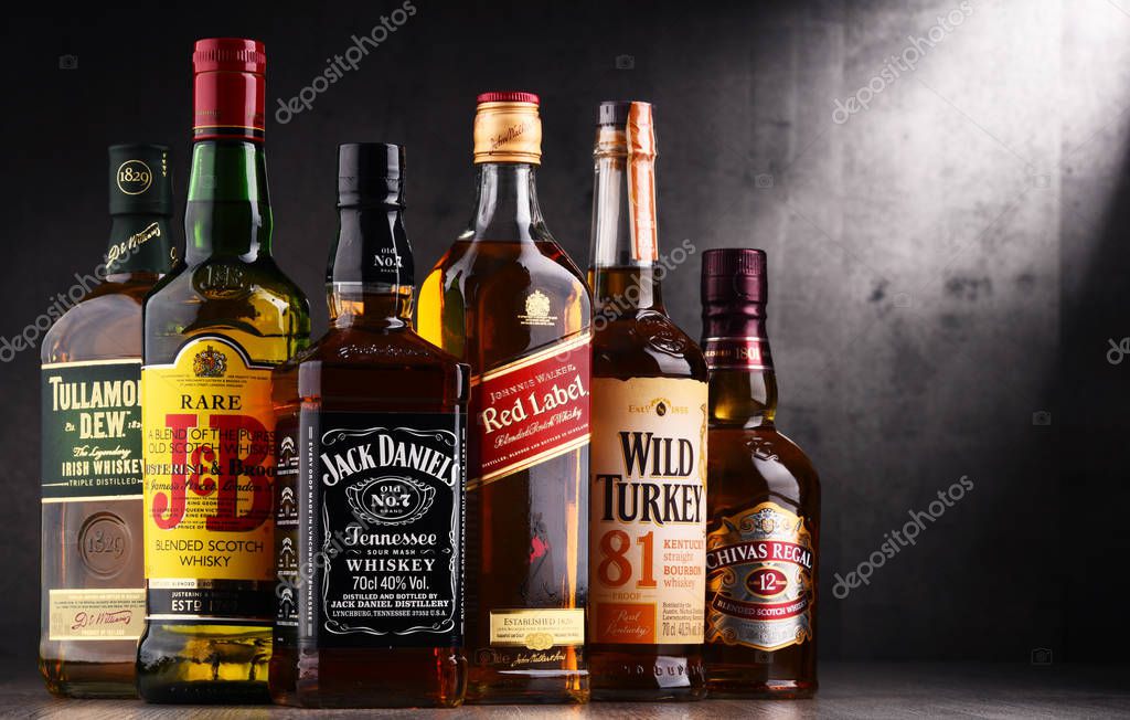 POZNAN, POLAND - AUG 18, 2017: Whiskey is the most popular liquor in the world. Originated probably in Ireland, now it is produced on grand scale also in India, Scotland, USA, Canada and Japan