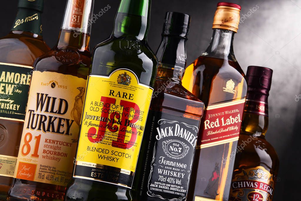 POZNAN, POLAND - AUG 18, 2017: Whiskey is the most popular liquor in the world. Originated probably in Ireland, now it is produced on grand scale also in India, Scotland, USA, Canada and Japan