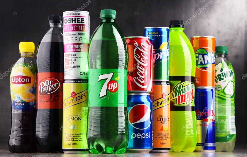 POZNAN, POLAND - AUG 18, 2017: Global soft drink market is dominated by brands of few multinational companies founded in North America. Among them are Pepsico, Coca Cola and Dr. Pepper Snapple Group