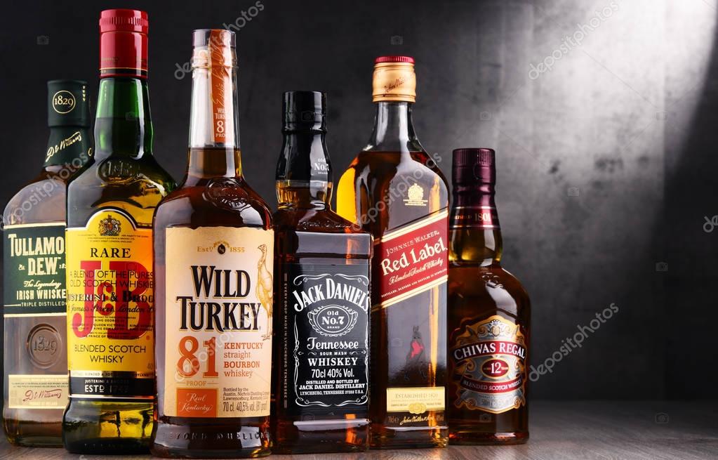 POZNAN, POLAND - AUG 18, 2017: Whiskey is the most popular liquor in the world. Originated probably in Ireland, now it is produced on grand scale also in India, Scotland, USA, Canada and Japan