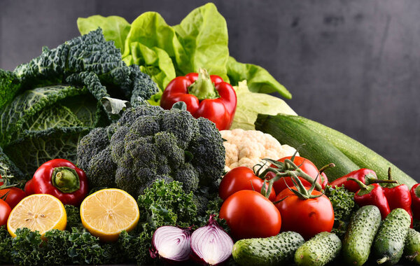 Composition with variety of raw organic vegetables and fruits
