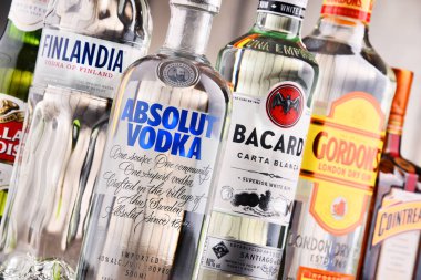 Bottles of assorted global hard liquor brands clipart