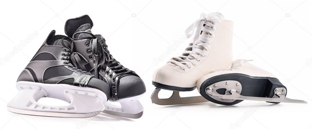 Ice hockey skates and figure skates isolated on white