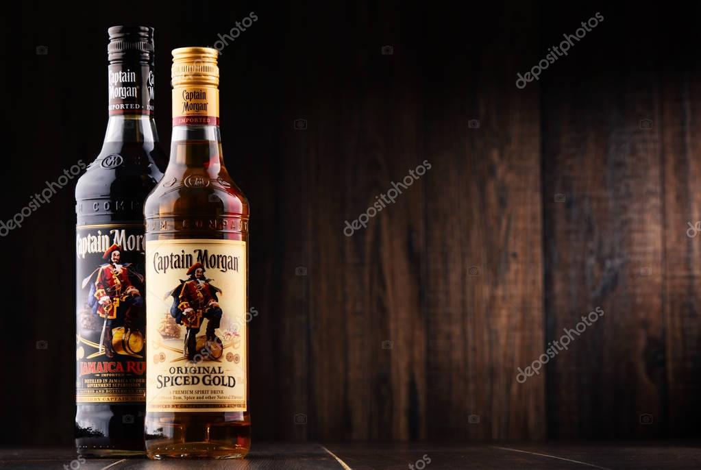 POZNAN, POLAND - NOV 8, 2017: Originated on US Virgin Islands Captain Morgan is a brand of rum produced by Diageo, British multinational alcoholic beverages company headquartered in London
