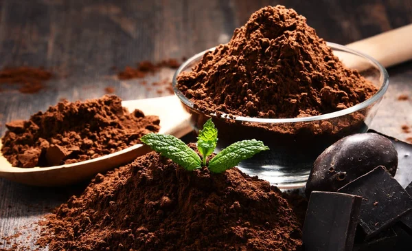 Composición con tazón de cacao en polvo sobre mesa de madera —  Fotos de Stock