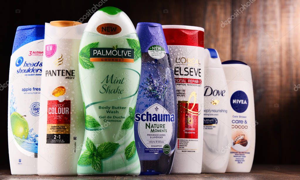 POZNAN, POLAND - DEC 7, 2017: Bottles of global body care products; the worldwide cosmetics and perfume industry generated an estimated annual turnover of US$170 billion in 2007