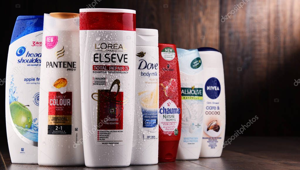 POZNAN, POLAND - DEC 7, 2017: Plastic containers of body care products including widely available most popular global brands as LOreal, Nivea, Dove, Palmolive, Head & Shoulders and Schwarzkopf