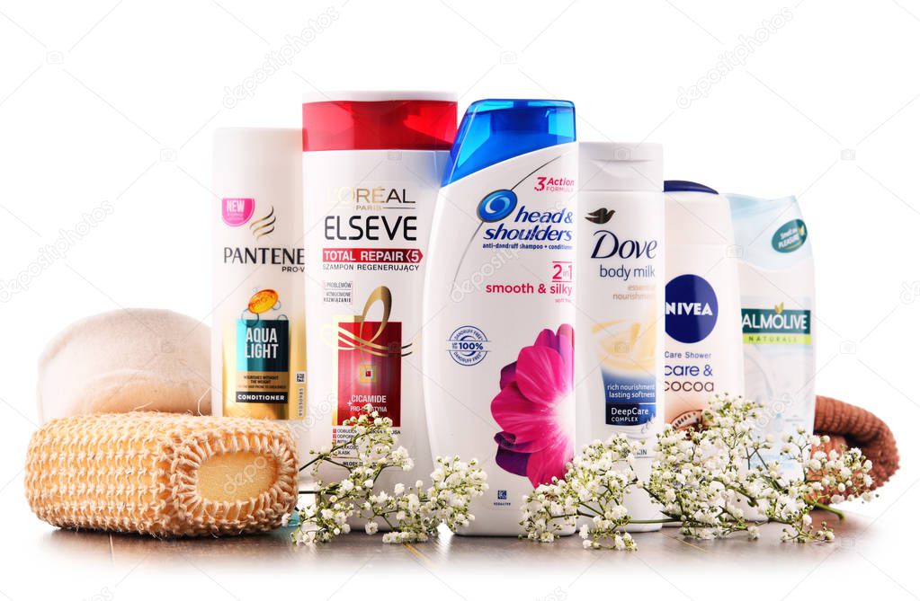 POZNAN, POLAND - DEC 7, 2017: Plastic containers of body care products including widely available most popular global brands as LOreal, Nivea, Dove, Palmolive, Head & Shoulders and Schwarzkopf