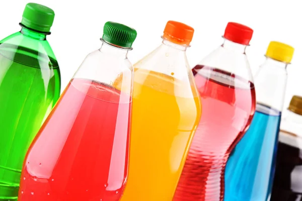 Plastic Bottles Assorted Carbonated Soft Drinks White Background — Stock Photo, Image