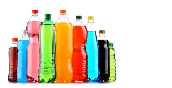 Plastic Bottles Assorted Carbonated Soft Drinks White Background — Stock Photo, Image