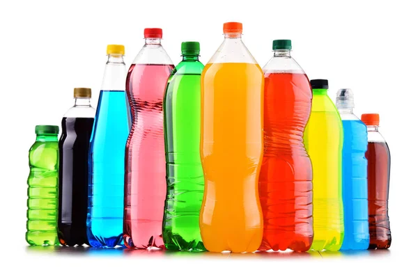 Plastic Bottles Assorted Carbonated Soft Drinks White Background — Stock Photo, Image