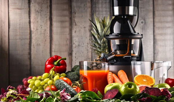 Juicer lento com frutas e legumes orgânicos . — Fotografia de Stock