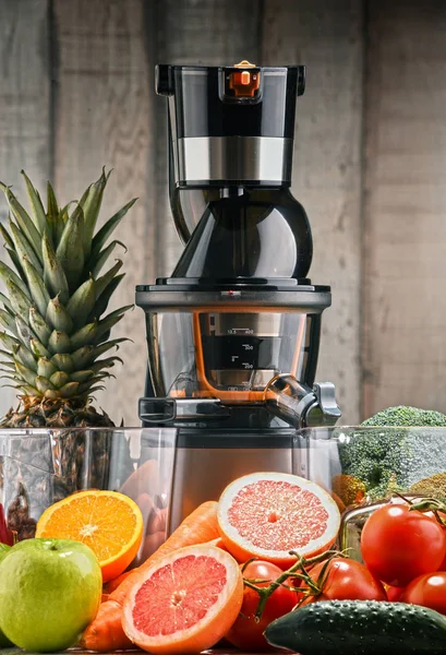 Slow juicer met biologische groenten en fruit. — Stockfoto