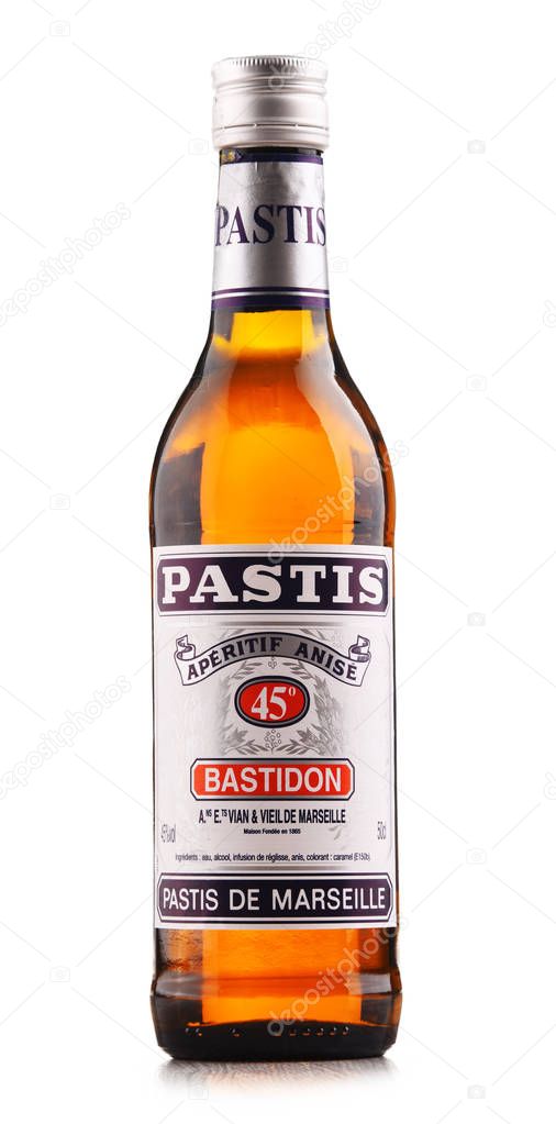 POZNAN, POLAND - FEB 14, 2018: Bottle of Pastis de Marseille, an anise-flavoured spirit and aperitif from France