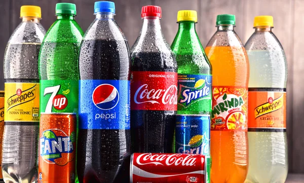 Bottles of global soft drink brands — Stock Photo, Image