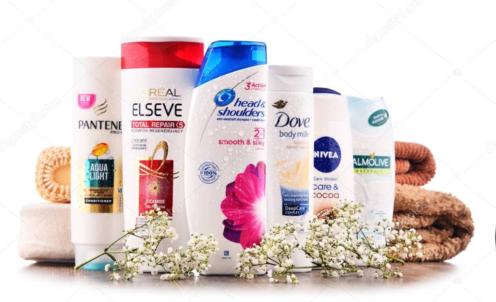 POZNAN, POLAND - DEC 7, 2017: Plastic containers of body care products including widely available most popular global brands as LOreal, Nivea, Dove, Palmolive, Head & Shoulders and Schwarzkopf