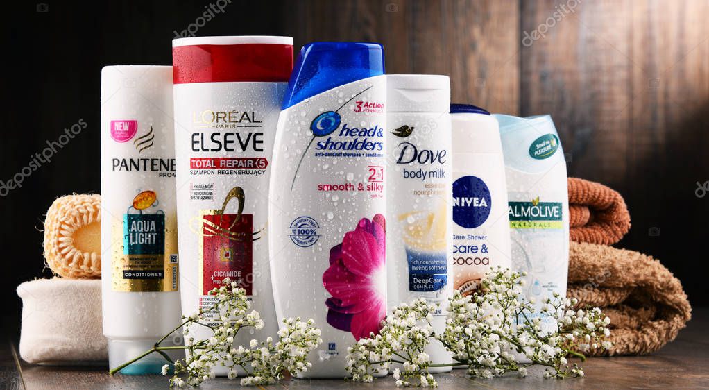 POZNAN, POLAND - DEC 7, 2017: Plastic containers of body care products including widely available most popular global brands as LOreal, Nivea, Dove, Palmolive, Head & Shoulders and Schwarzkopf