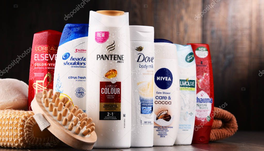 POZNAN, POLAND - DEC 7, 2017: Plastic containers of body care products including widely available most popular global brands as LOreal, Nivea, Dove, Palmolive, Head & Shoulders and Schwarzkopf