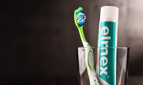 Composition with Elmex toothpaste and toothbrush — Stock Photo, Image