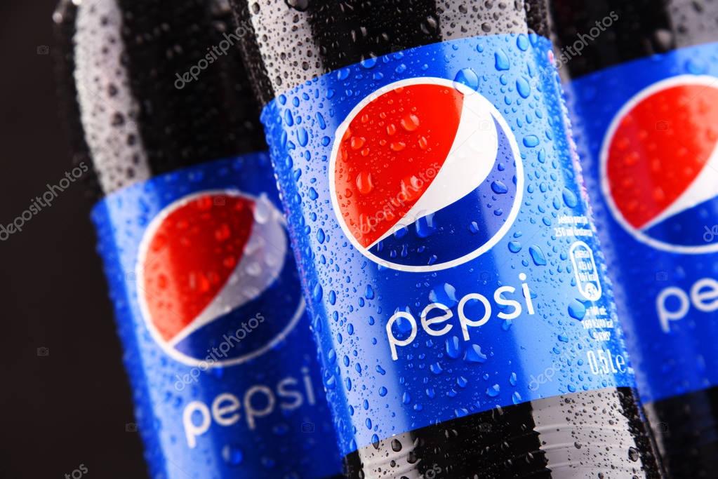POZNAN, POLAND - MAR 1, 2018: Plastic bottles of Pepsi, a carbonated soft drink produced by PepsiCo. The beverage was created and developed in 1893 under the name Brad's Drink