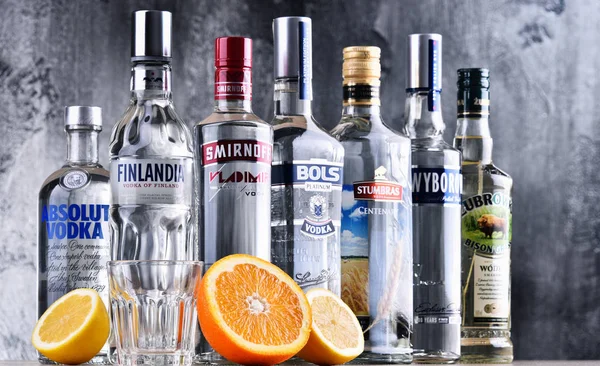 Garrafas de várias marcas globais de vodka — Fotografia de Stock