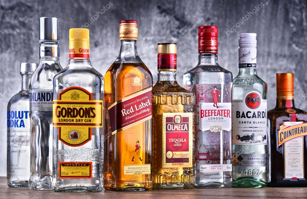 POZNAN, POLAND - MAR 30, 2018: Bottles of assorted global hard liquor brands
