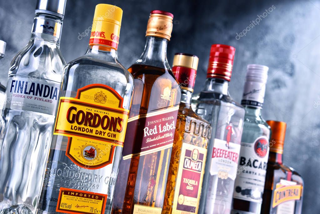 POZNAN, POLAND - MAR 30, 2018: Bottles of assorted global hard liquor brands