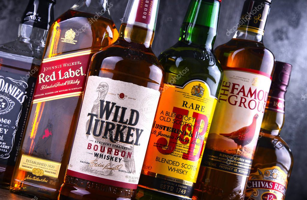 POZNAN, POLAND - MAR 30, 2018: Bottles of several global whiskey brands, the most popular liquor in the world.