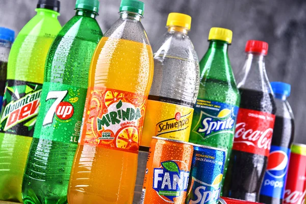 Bottles of global soft drink brands — Stock Photo, Image