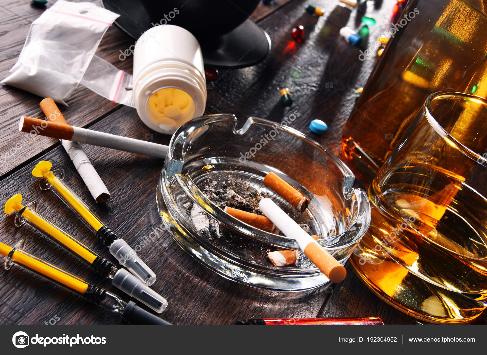 Addictive substances, including alcohol, cigarettes and drugs — Stock